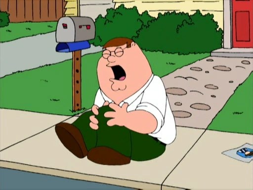 Peter Griffin from Family Guy laying on the sidewalk outside of the Griffin reference, clutching his hurt knee.